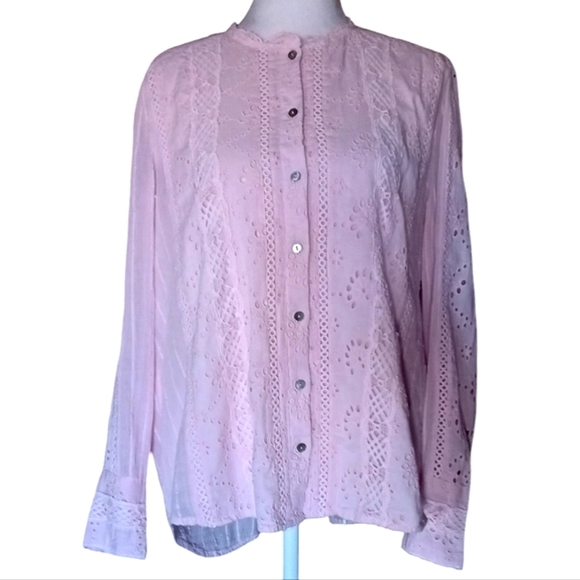 Sundance Baby Pink Marion Eyelet Lace Button Front Cotton Shirt Sz Petite Large - Picture 2 of 11